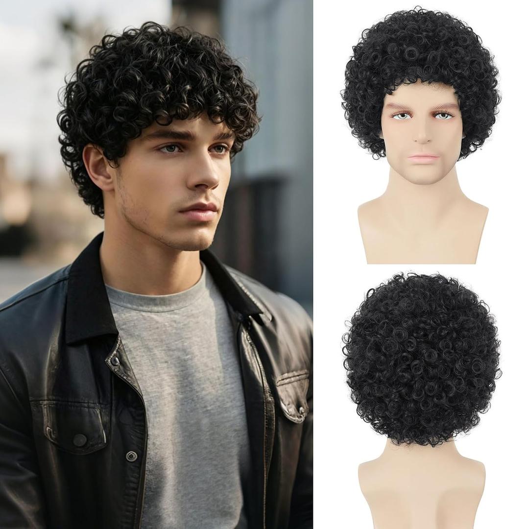 Black Curly Wig for Mens Costume Black Afro Synthetic Funny Wigs for 70s 80s Halloween Cosplay Party Use