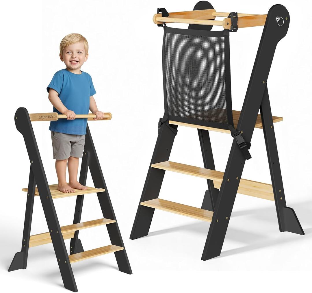 COSYLAND Pre-Assembled Foldable Toddler Kitchen Stool Helper  Toddler Standing Tower with Safety Net, Adjustable Heights & Anti-Tip Feet for Safe Kitchen Fun(Natural & Dark Gray)