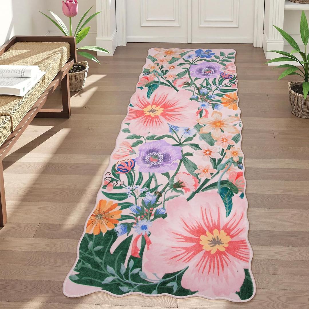 Wonnitar 2x6 Runner Rug for Hallway, Washable Pink Floral Kitchen Rugs Non Slip, Low Pile Soft Botanical Scalloped Runner for Girls Bedroom Bathroom Laundry Room Bedside (Pink, 2'x6')