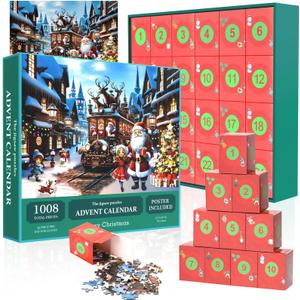 Becko US Christmas Puzzle Advent Calendar 2025 Puzzles for Adults, 1008 Pieces Jigsaw Puzzles, 24 Days Countdown to Christmas Thanksgiving Holidays, Xmas Puzzle as Decorations (Snow Scene)