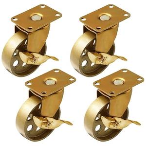 FactorDuty 3.5 inch with Brake Locking Caster Vintage Swivel Caster Copper Antique Gold Cast Iron Wheel Industrial Heavy Duty Rustic Retro Antique Cart Style 900LB Overall Capacity Set of 3