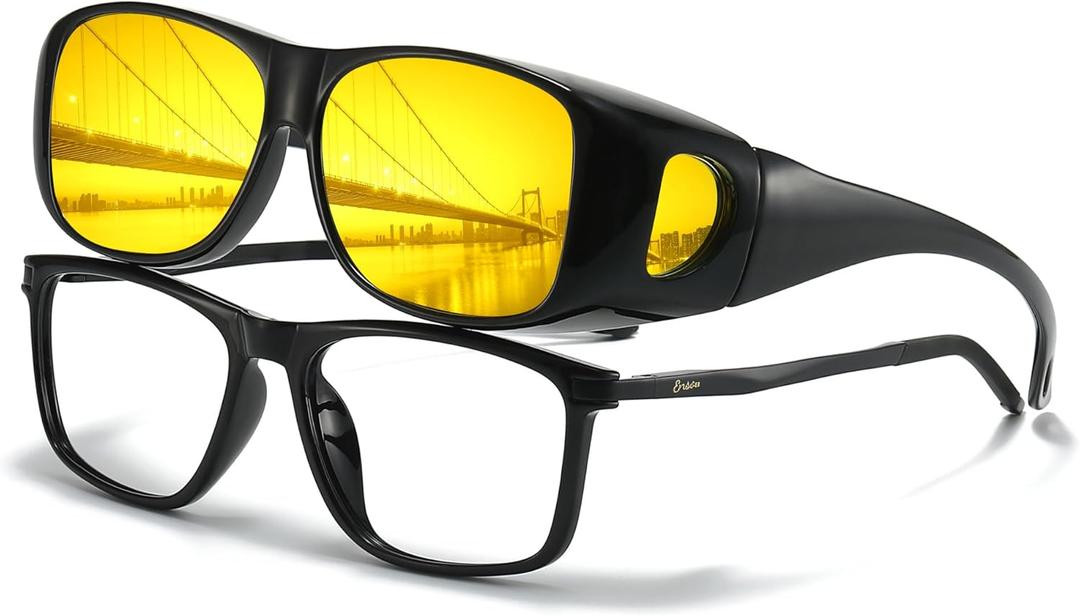 LVIOE Polarized Fit Over Night Vision Glasses for Women Men Over Glasses Wrap Around for Night Driving Glare Eyeglasses N8143 (A01 Black Frame / Night Vision)