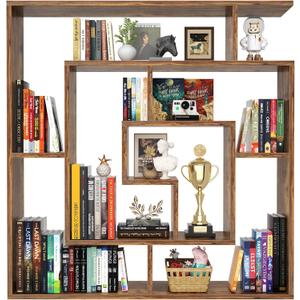 Armocity 6 Tier Display Book Shelf Wall Mounted Bookshelf Freestanding Geometric Bookcase Floating Book Shelves for Wall Bedroom Living Room Home Office, 45.5"(W) * 47"(H), Rustic Brown
