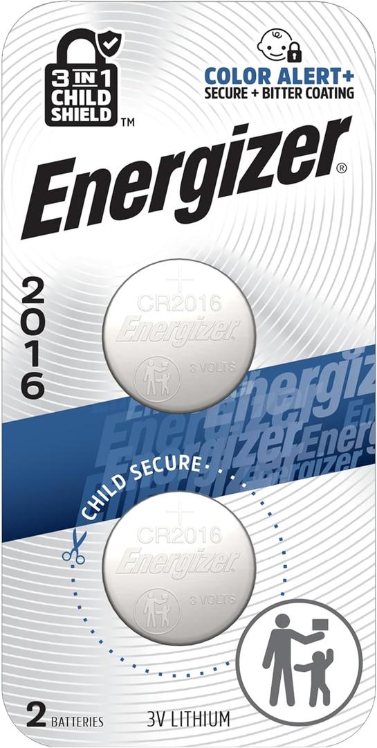 Energizer 2016 Batteries (2 Pack), 3V Lithium Coin Batteries With 3-in-1 Child Shield