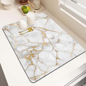MCALK Marble White Dish Drying Mat for Kitchen Counter, Gold Dish Drying Pad with Anti-Slip Rubber Base, Absorbent Kitchen Sink Mat with Modern Art Decor (1 pc 18" x 16")