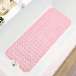 TEESHLY Bath Tub and Shower Mats, Non-Slip 39 x 16 Inch Extra Long Bathtub Mat, Machine Washable BathMat with Drain Holes, Suction Cups for Bathroom (Opaque Pink)