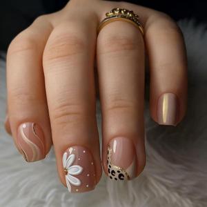 2 x 24pcs Flower Press on Nail Medium Length Square Fake Nails Full Cover French Tip with Stripe Leopard Print Polka Dot designs 3d Flower Stick on Nail Gold Glitter Glue on Nails for Women Art Manicure