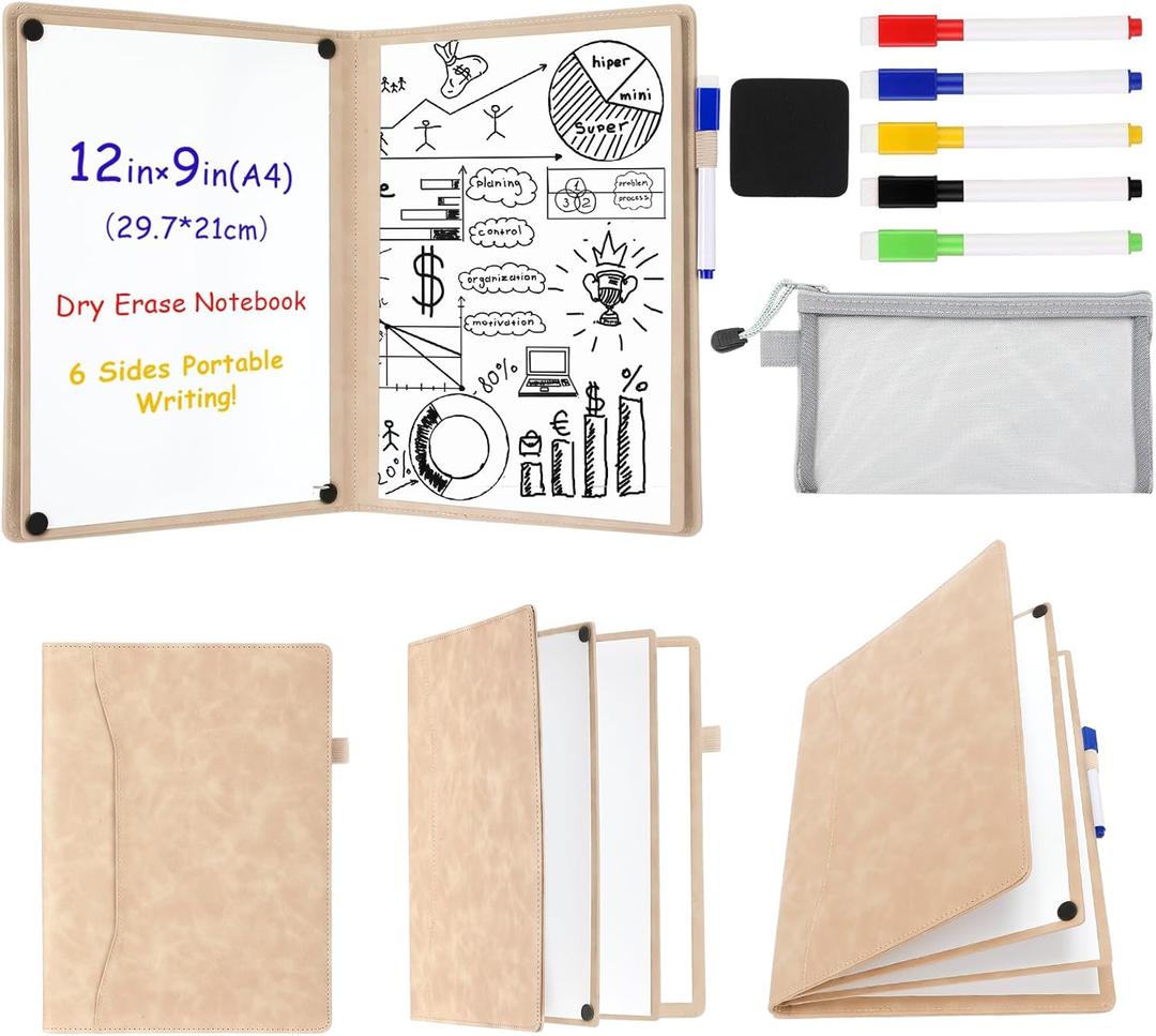6 Sides Dry Erase Notebook Portable Whiteboards Notepad 12"x9"(a4) Small Reusable Board Foldable Anti-ghosting Surface, Travel Dry Erase White Board for Office Study Meeting Planning (Khaki)