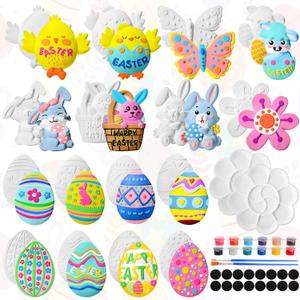 Soulchen 16 Sets Ceramic Easter Painting Kit Unpainted DIY Ceramic to Paint Figurines Paint Your Own Figurines Easter Basket Stuffers Egg Bunny Flower Figure Refrigerator Magnets for Toddler