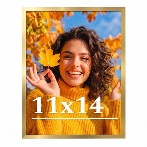 Veleclo 11x14 Picture Frame for Wall Display, 11x14 Gold Picture Frame with Shatter Resistant Plexiglass, Stable and Sturdy 11 x 14 Poster Frame for Wall Display, Handpicked Gift Collection, 1 Pack