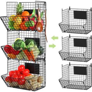 X-cosrack Metal Wire Basket Wall Mount, 3 Tier Wall Storage Basket Organizer with Hanging Hooks Chalkboards, Rustic Kitchen Fruit Produce Bin Rack Bathroom Tower Baskets (Black)