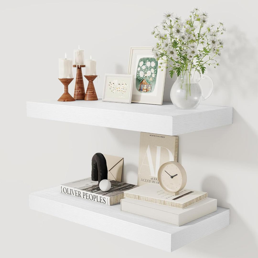 12 Inch Deep White Floating Shelves, 24 x 12 Floating Shelf for Books, Rustic Wood Deep Wall Shelves for Home Storage & Display, 2" Thicked Shelves for Kitchen, Living Room, Bedroom, 2 Pack