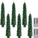 Funtery 6 Pcs LED Christmas Tree Flameless Taper Candles Real Wax Battery Operated Candlestick Lights with 3D Flame and Remote Timer Window Fireplace(Gold Edge,Christmas Tree)