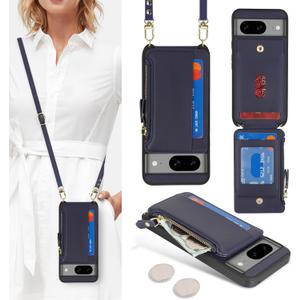 Cavor Compatible with Google Pixel 8 Case Wallet, Pixel 8 Crossbody Phone Case with Strap, Wallet Cover for Women,Leather Zipper Pocket Card Holder-Blue