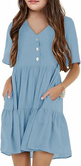 Tymidy Girls Casual Dress Summer Button V Neck Short Sleeve Ruffle Hem Flowy Swing Mini Dresses, Size 120