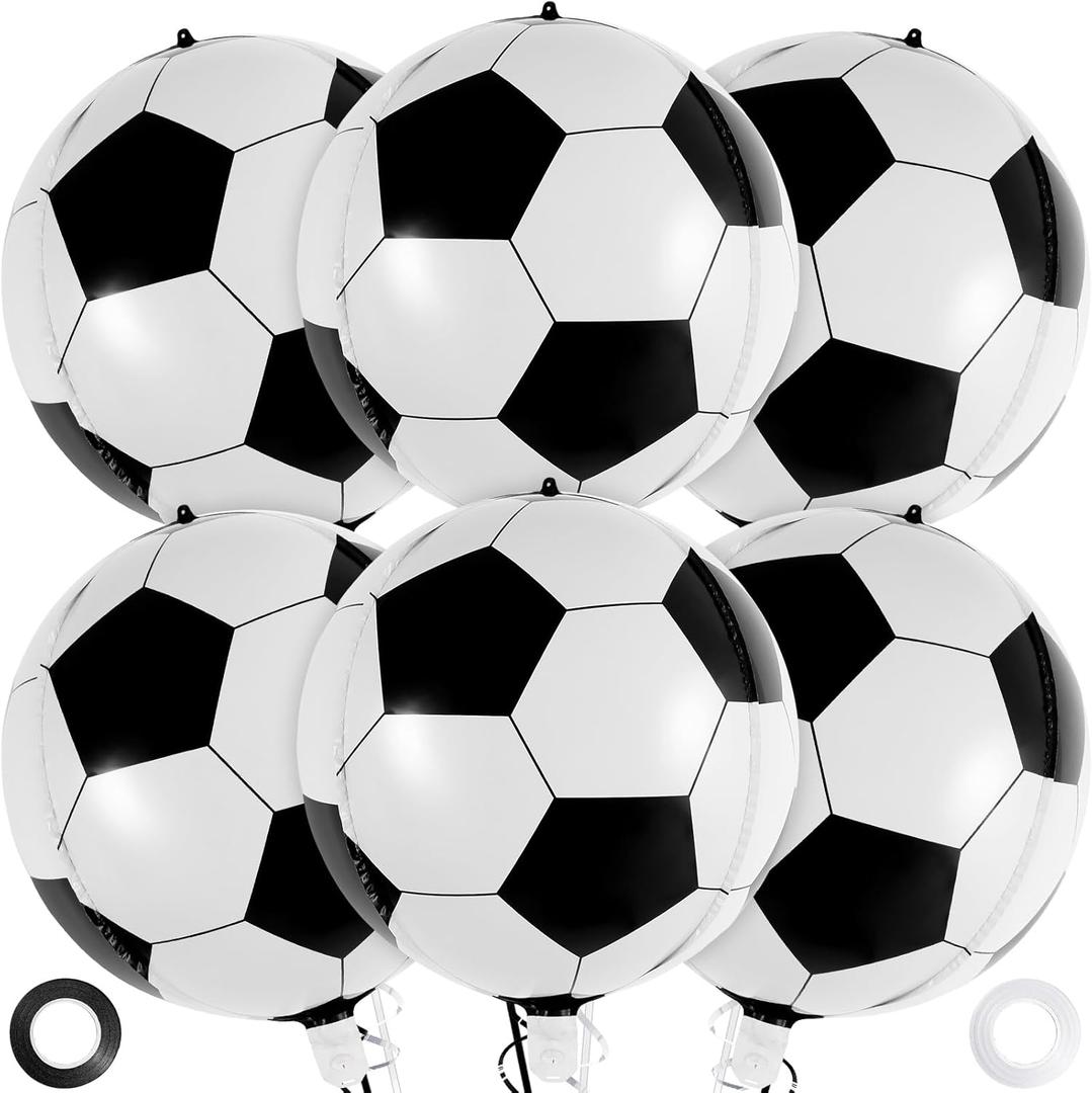 6 Pcs Soccer Balloons, 22 Inch Foil Mylar Soccer Balloon Large Round Sphere Balloons for Soccers Sports Themed Birthday Party Decorations Supplies (Soccer 6 Pcs)