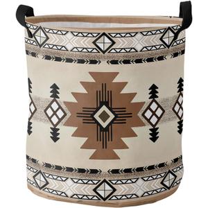 Boho Western Large Laundry Basket,Collapsible Bag with Easy Carry Handles,13.8x17in Waterproof Foldable Freestanding Hamper,Washing Bin Clothes Storage Round Southwest Native American Indian Geometric (USASHO0984)
