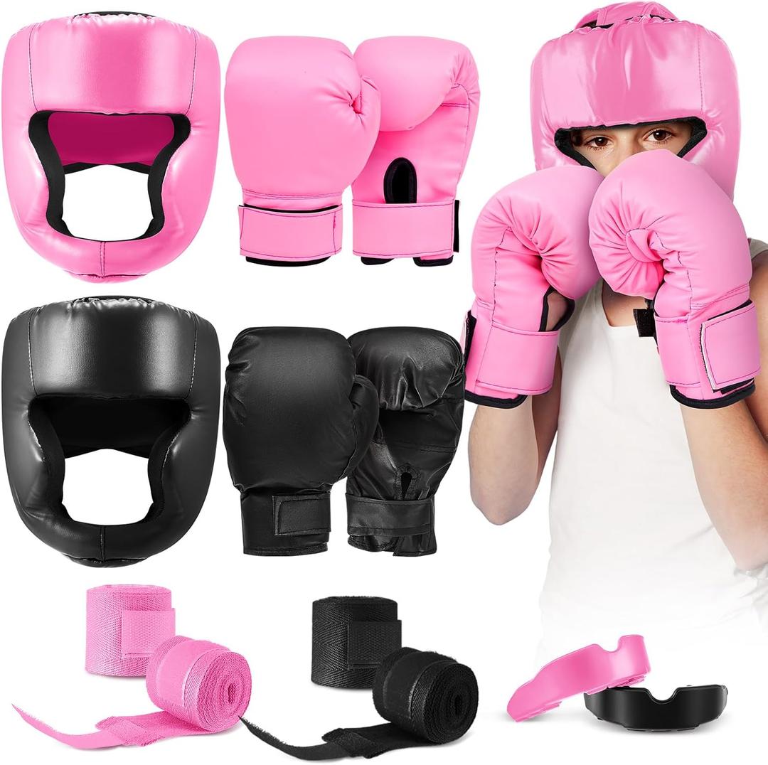 Kanayu 12 Pcs Kids Boxing Equipment Set for Beginners Ages 6-18 Years Including Boxing Helmet and Gloves Hand Wraps Sport Mouthguards Taekwondo Sparring Gear for Kids and Children