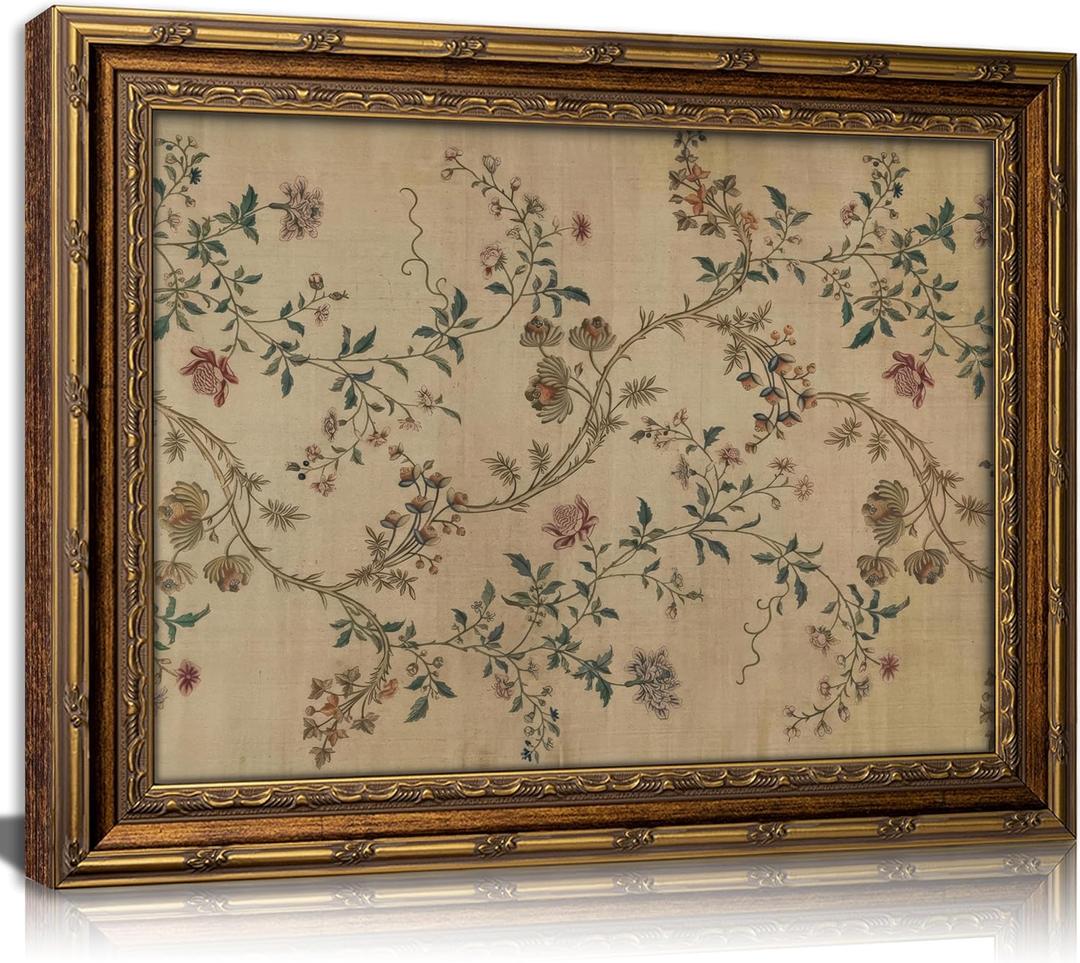 Vintage gold framed Floral Vine wall art Retro Beige Botanical Painting Canvas Prints Elegant Antique Flower French Leaf Wall Decor for Farmhouse Bedroom Living Room Home Decoration 9x11in