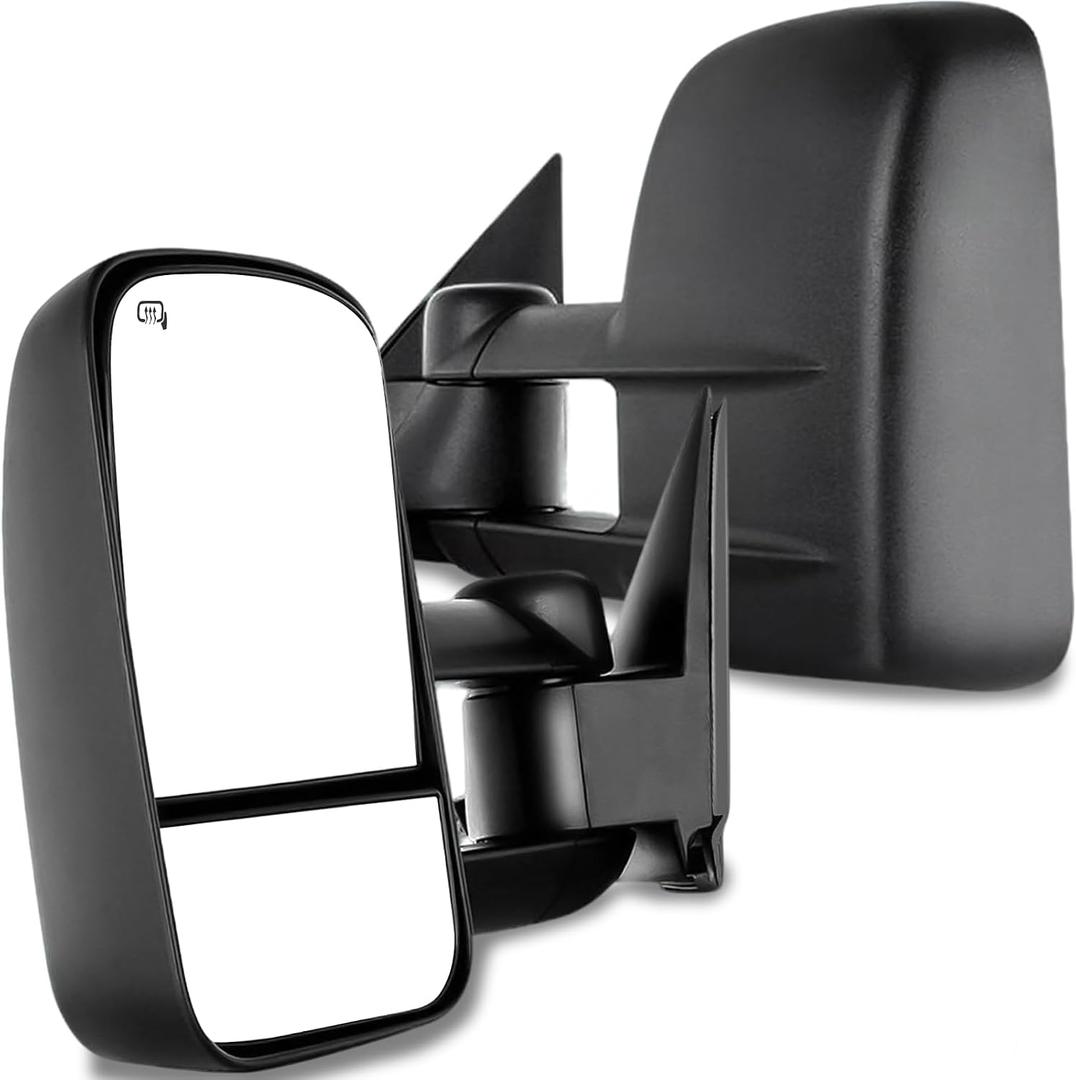 AERDM New Pair Towing Mirrors Power Operated Heated Textured Black Telescoping Trailer Side Mirrors Fit Chevy/GMC/Cadillac Silverado Sierra Avalanche Suburban Tahoe Yukon XL Escalade EXT ESV, Medium