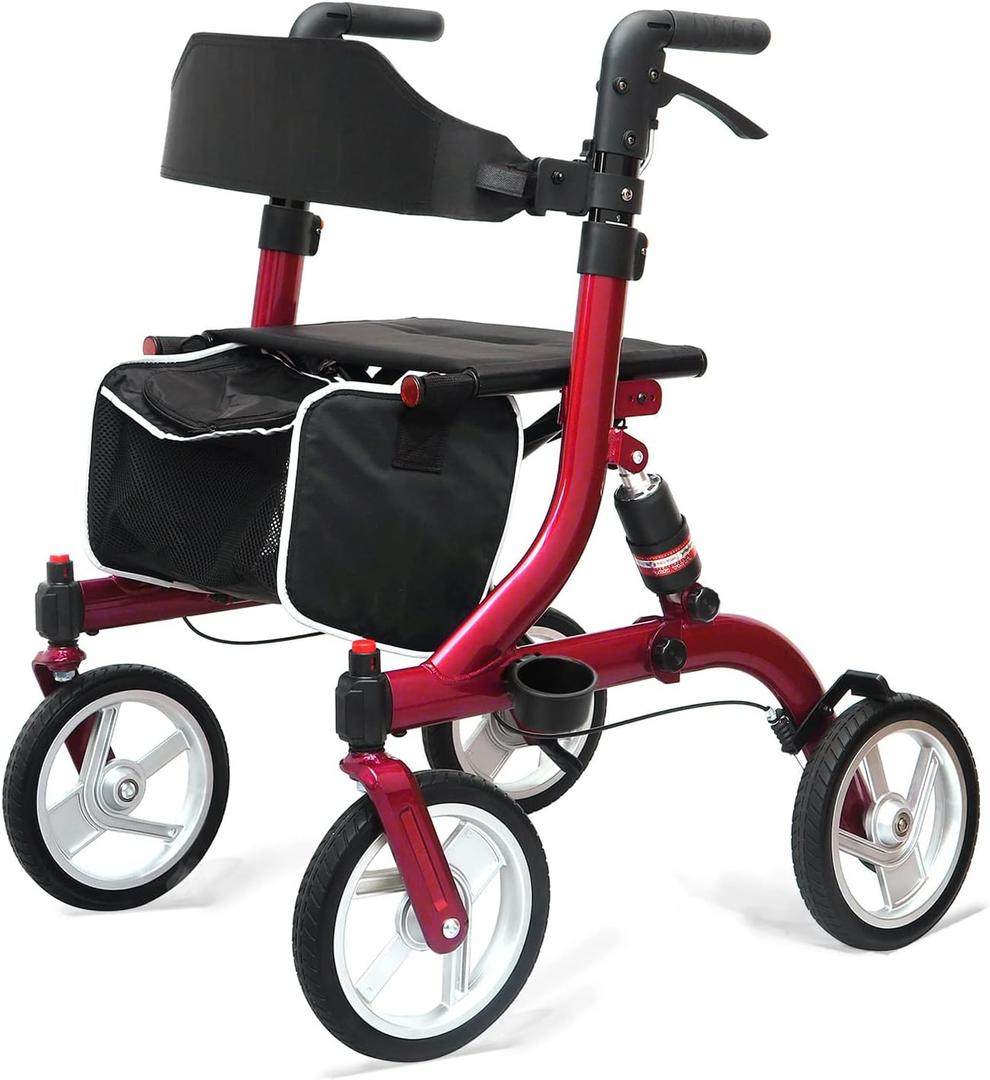 Winlove Rollator Walkers for Seniors-Folding Rollator Walker with Seat and 10-inch All Terrain Wheels-Medical Rollator Walker Aluminium Frame with Suspension Spring and Thick Seat-Lightweight, Red