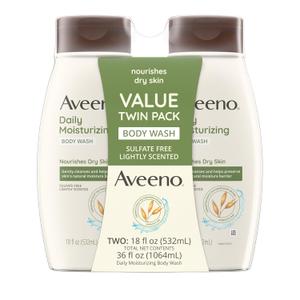 Aveeno Daily Moisturizing Body Wash Cleanser & Shaving Gel for Men & Women, Clean-Rinsing for Softer & Smoother Skin, Gentle & Lightly Scented, 18 fl.Oz, Pack of 2