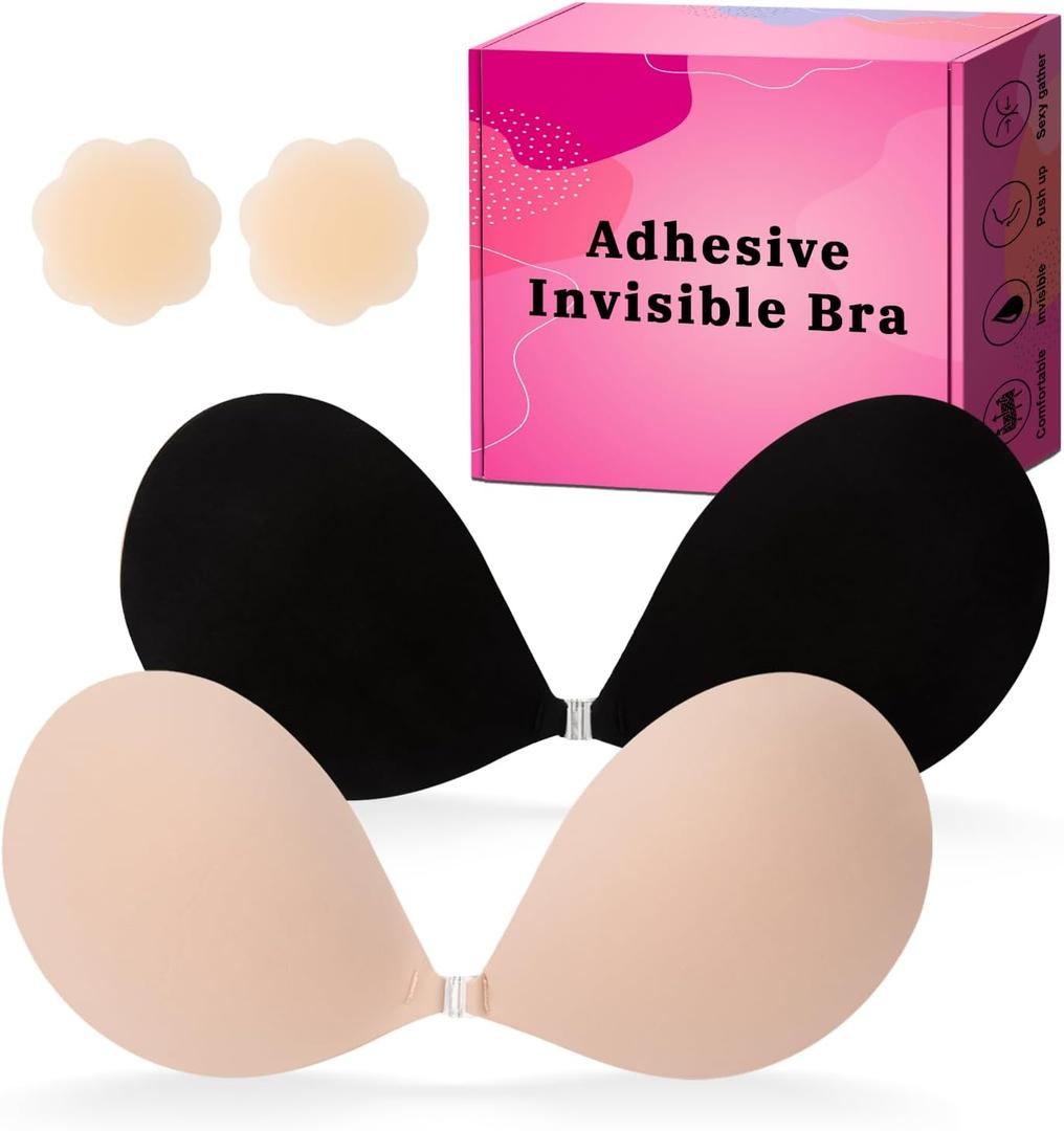 Invisible Strapless Sticky Bra Push up for Women, Adhesive Bra for Backless Dress, Silicone Cleavage Lift with Nipple Covers (Cream+black)
