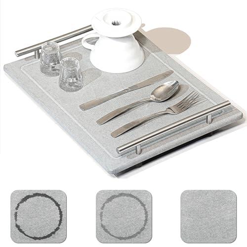 PARATUS Diatomite stone dish drying mat for kitchen counter with non-slip legs and metal handles Fast water absorbent dish pad eco-friendly quick water solution for kitchen