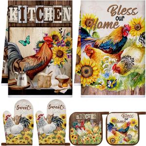 Leinuosen 6 Rooster Sunflower Farmhouse Kitchen Decor Dish Towels Oven Mitts and Pot Holders Sets Chicken Kitchen Towels Absorbent Decorative Accessories for Cooking Baking Grilling