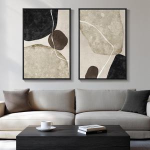 Large Framed Neutral Abstract Wall Art Set of 2, Modern Black Beige Brown Canvas Prints Paintings Artwork for Walls, Minimalist Stone Shape Pictures for Living Room Dining Bedroom Wall Decor 24x36 In, 24" W X 36" H X 2pcs
