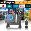 Smart Projector with Google TV, 4K Support Portable Mini Projector with Wifi and Bluetooth, Auto Focus & Obstacle Avoidance, TV Stick, 650 ANSI & Voice Control, HY350GT Home Theater Proyector Outdoor (Grey)