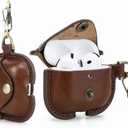 Hiram Full Grain Leather AirPods 4 Case Cover, Wireless Bluetooth Earphone Protective Holder Compatible with Airpods 4th Generation 2024, with Keychain Hook and Metal Snap (Brown)