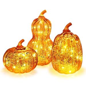 DECORKEY Fall Decorations for Home, Set of 2 Glass Pumpkin with LED Lights Thanksgiving Table Decor, Timer Lighted Pumpkin Decorations for Indoor Fall Mantel Decorating (DKGG-4090)