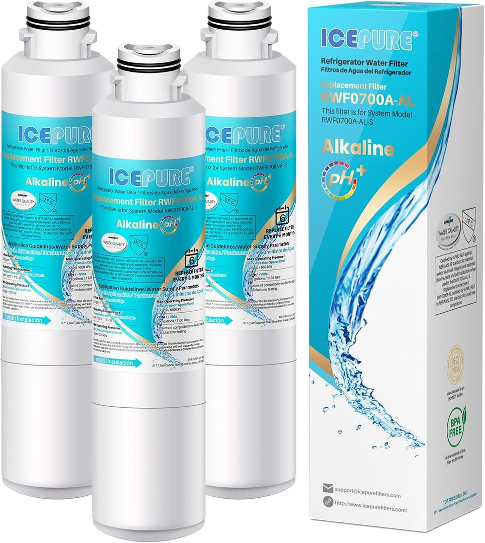 ICEPURE Alkaline DA29-00020B Refrigerator Water Filter Replacement for Samsung HAF-CIN/EXP HAF-CIN, DA29-00020A/B, DA29-00020B-1, 46-9101, RF28HMEDBSR, RF263BEAESR, HDX FMS-2, Enhances PH, 3Pack