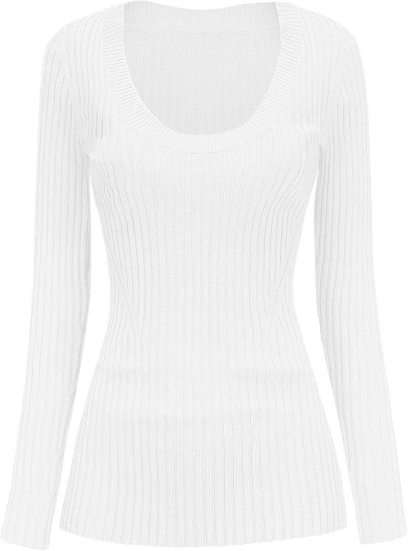 v28 Women Scoop Neck U-Neck Knit Long Sleeve Slim Fit Ribbed Sweater Tops (White, XL)