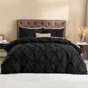 Litanika Black Queen Pinch Pleat Duvet Cover, 3 Pieces Pintuck Cover Soft Microfiber Bedding Set with Zipper Closure & Corner Ties(90x90Inch-1 Duvet Cover, 2 Pillowcases)