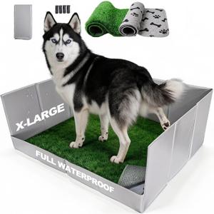HQ4US 4LEGS Dog Litter Box High Walls Foldable with Grass Pad & Washable Pee Pad, Odor Free Artificial Grass for Dogs Potty Pad Holder Tray, Seamless, No Assembly, Waterproof, Easy Clean for Travel, X-Large for Dog＜ 38" Length