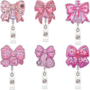 BEEFLYING 6Pcs Cute Nurse Badge Reels Pink Bowknot Nurse ID Card Retractable Badge Holder with Alligator Clip for Office School Hospital Teacher Nursing Name Tag Card