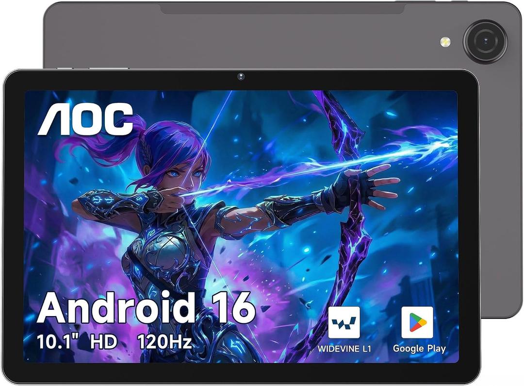 AOC 10.1 inch Android Tablet, Android 16 System, 120Hz Ultra-Smooth Display, 4GB RAM 128GB ROM (1TB Expandable), Octa-Core Processor, Widevine L1 for HD Streaming, Face Unlock, Slim Metal Body, GPS