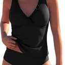 ZAFUL Tankini Swimsuit for Women 2026 Modest Bathing Suits Two Piece Ruffle V Neck Ladies Swimwear (Black, L)