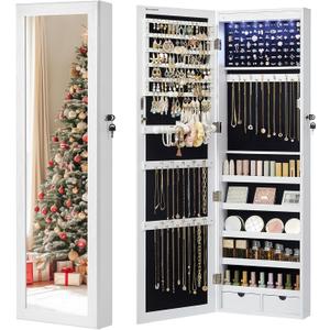 SONGMICS 6 LEDs Mirror Jewelry Cabinet, 47.2-Inch Tall Lockable Wall or Door Mounted Jewelry Armoire Organizer with Mirror, 2 Drawers, Christmas Gift, 3.9 x 14.6 x 47.2 Inches, White