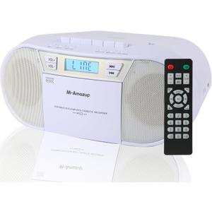 Boombox CD Player Portable, Cassette Player Combo with CD MP3 Bluetooth AUX TF USB FM Radio AC/DC Powered, Boom Box with Remote Control, Headphone Jack, Stereo Sound for Home,Kids,Gift (White)