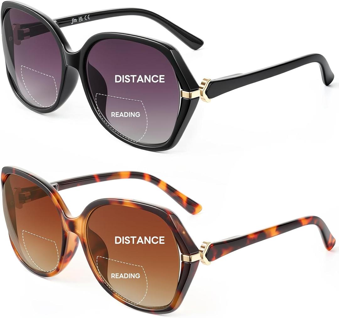 JM 2 Pack Bifocal Reading Sunglasses for Women, Fashion Oversized Sun Readers UV400 Protection Spring Hinges +1.25(Black&Tortoise)