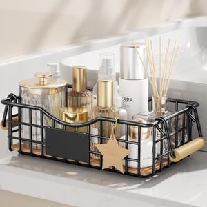 Bathroom Organizer Basket, Bathroom Organizers and Storage - Bathroom Counter Organizer with Handle - Wire Shelf Basket - Bathroom Counter top tray for Organizing, Farmhouse Decor - S Black