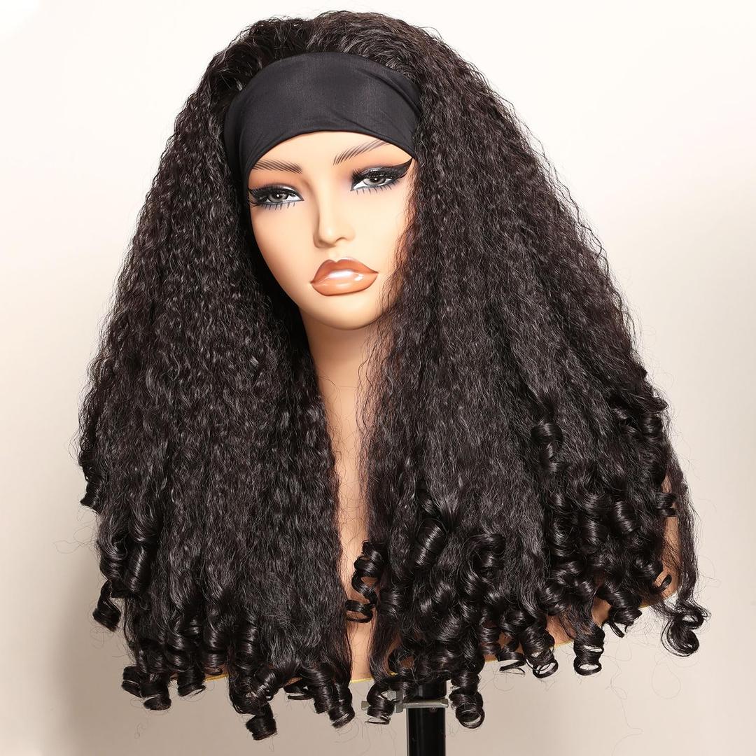 New Afro Curly Headband Wig Synthetic Braided Hair Texture with Unique Bouncy Curls in the End 20 Inch Soft Curly Headband Wigs for Black Women Dark Brown Blend Kinky 4C Hair