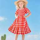 LQSZ Girls Dresses Plaid Smocked Dress Girls' Short Sleeve Summer Dresses for Kids 2-12Y (Red)