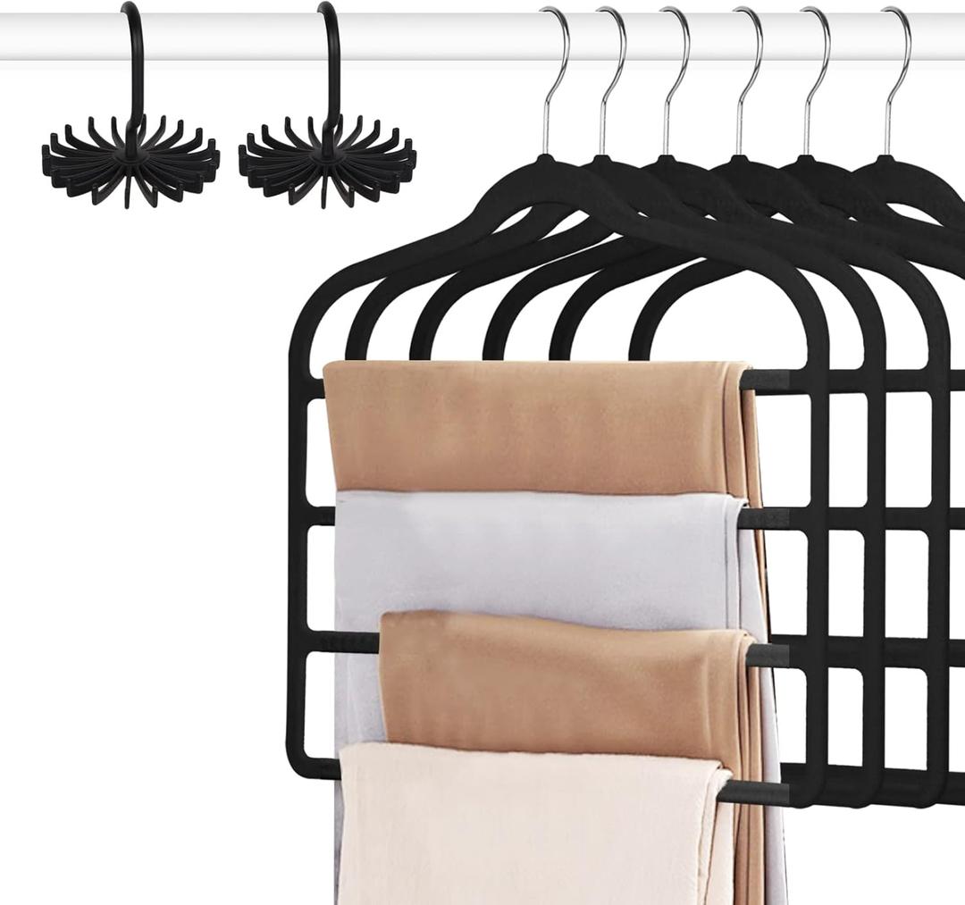 Tinfol 6pc Black Velvet Pants Hangers Space Saving, Non Silp Pant Hanger with Hook, Jeans Slack Trousers Hangers, Multiple Clothes Hanger Closet Organizer Perfect for Pants,Trouser,Jeans