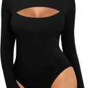 MANGOPOP Women's Cutout Front Long Sleeve Short Sleeve Bodysuit Round Neck Body Suits Sexy Going Out Fall Tops (Medium)