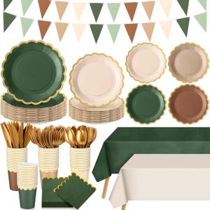 Mimorou 342 Pcs Woodland Baby Shower Party Supplies Sage Green Brown Tableware Paper Disposable Plates Napkins Cups Plastic Tablecloth Sage Brown Triangle Banner for Wedding Forest Birthday Party