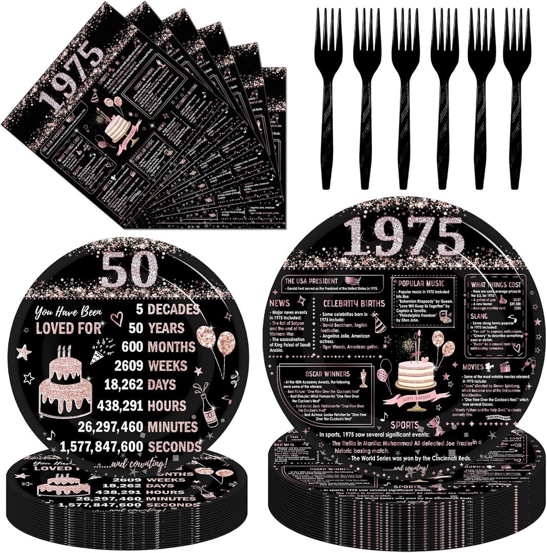 Hokinaa 1975 50th Birthday Decorations - 96 Pcs Black Rose Gold 50th Party Tableware Set Cheers to 50 Years Disposable Paper Plate Napkin Fork Supplies for Women Birthday Party Serves 24 Guests